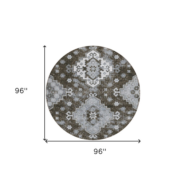 8' Brown And Gray Round Medallion Washable Indoor Outdoor Area Rug