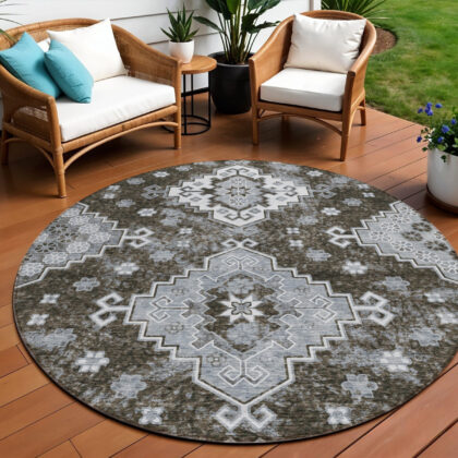 8' Brown And Gray Round Medallion Washable Indoor Outdoor Area Rug