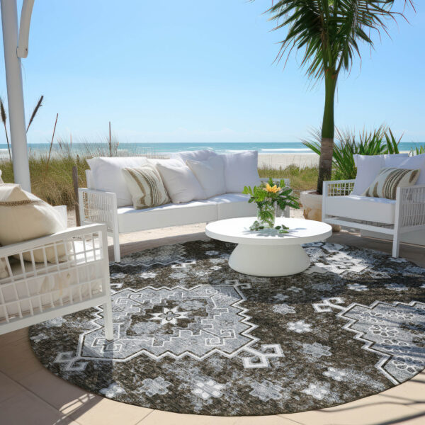 8' Brown And Gray Round Medallion Washable Indoor Outdoor Area Rug