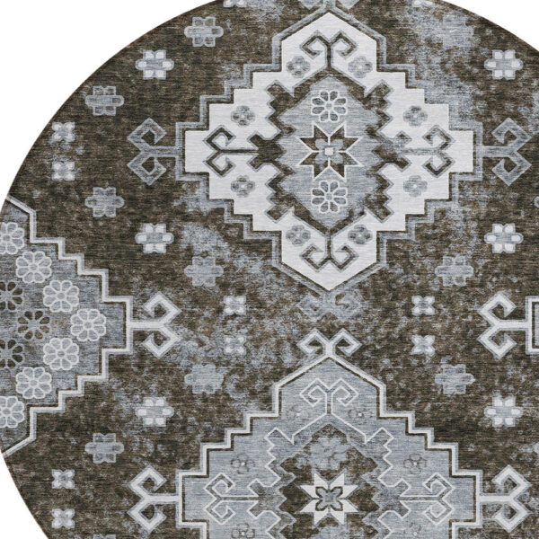8' Brown And Gray Round Medallion Washable Indoor Outdoor Area Rug