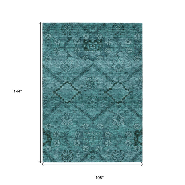 9' X 12' Teal Blue And Aqua Floral Washable Indoor Outdoor Area Rug