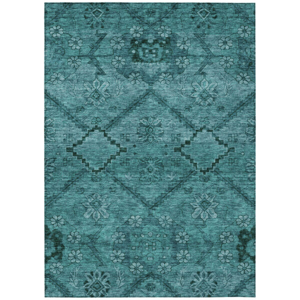 9' X 12' Teal Blue And Aqua Floral Washable Indoor Outdoor Area Rug