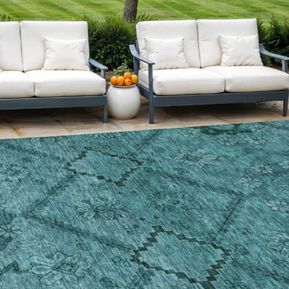 9' X 12' Teal Blue And Aqua Floral Washable Indoor Outdoor Area Rug