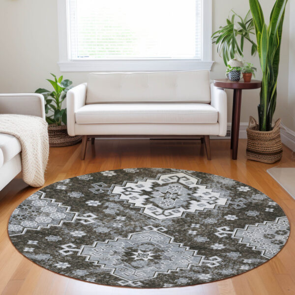 8' Brown And Gray Round Medallion Washable Indoor Outdoor Area Rug