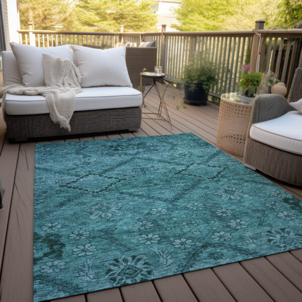 9' X 12' Teal Blue And Aqua Floral Washable Indoor Outdoor Area Rug