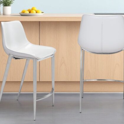 Set of Two 26" White And Silver Steel Low Back Counter Height Bar Chairs
