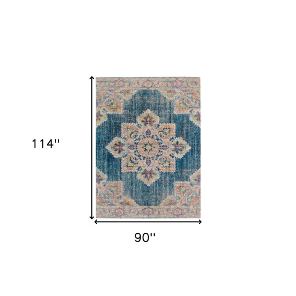 7' x 9' Teal Blue Medallion Power Loom Area Rug With Fringe