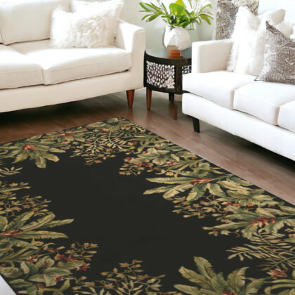 9' X 13' Green and Black Wool Tropical Floral Hand Tufted Area Rug