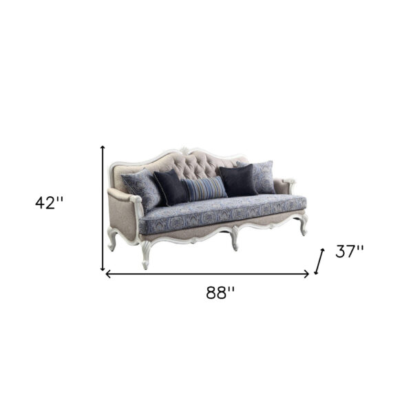 88" Fabric And White Linen Sofa And Toss Pillows
