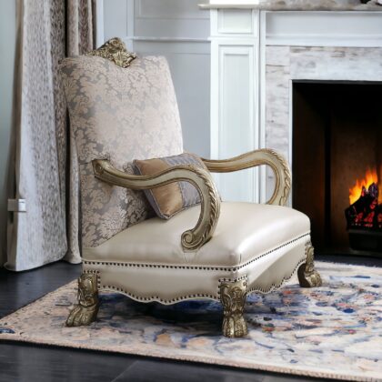 34" Pearl and Gold Faux Leather Damask Arm Chair