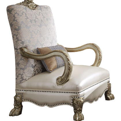 34" Pearl and Gold Faux Leather Damask Arm Chair