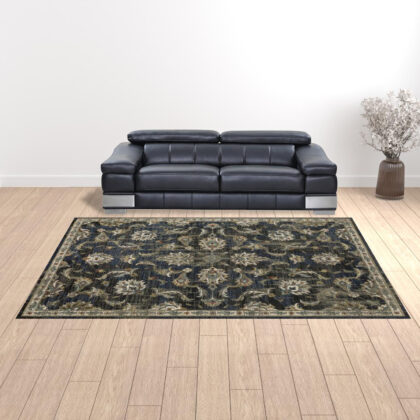 10' X 13' Charcoal Blue Gold Rust And Beige Oriental Power Loom Stain Resistant Area Rug