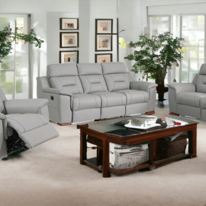 Three Piece Indoor Gray Genuine Leather Five Person Seating Set