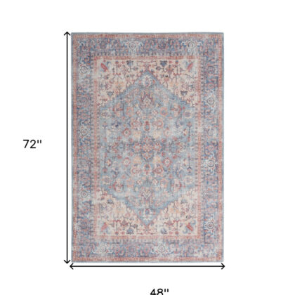 4' X 6' Blue Oriental Power Loom Distressed Washable Area Rug