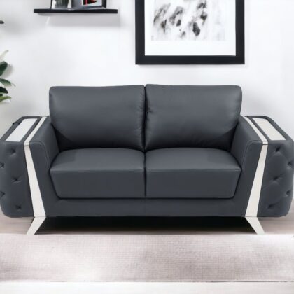 72" Dark Gray And Silver Genuine Leather Loveseat