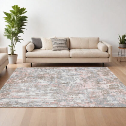 9' x 12' Gray and Pink Abstract Hand Loomed Area Rug