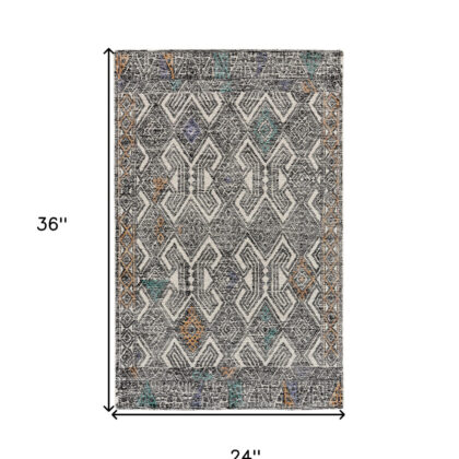2' x 3' Black and Ivory Wool Chevron Hand Tufted Distressed Area Rug