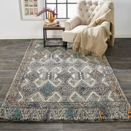2' x 3' Black and Ivory Wool Chevron Hand Tufted Distressed Area Rug