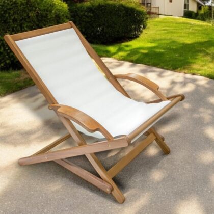 27" White and Natural Wood Solid Wood Indoor Outdoor Deck Chair