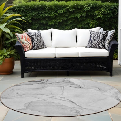 8' Round Silver Round Abstract Washable Non Skid Indoor Outdoor Area Rug