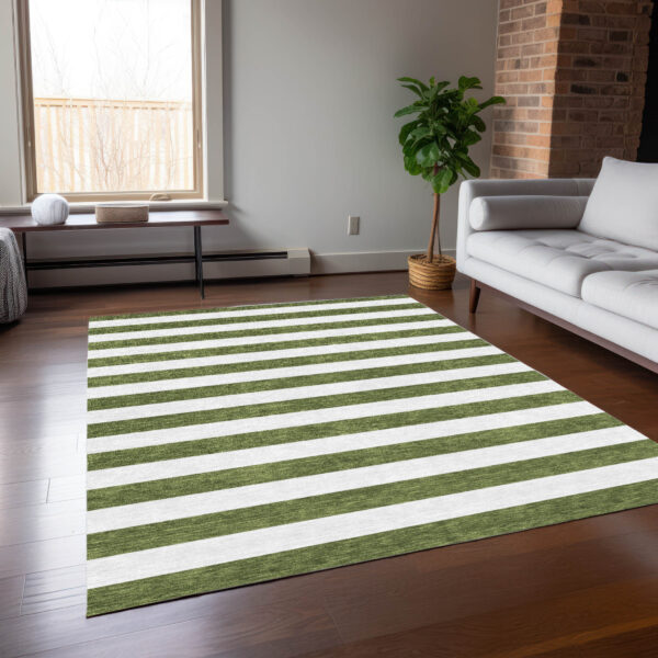 8' X 10' Olive Green Striped Washable Non Skid Indoor Outdoor Area Rug