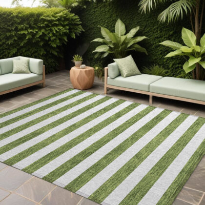 8' X 10' Olive Green Striped Washable Non Skid Indoor Outdoor Area Rug