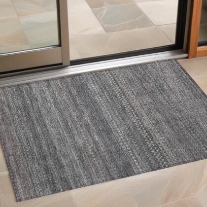 3' X 5' Gray Striped Washable Non Skid Indoor Outdoor Area Rug