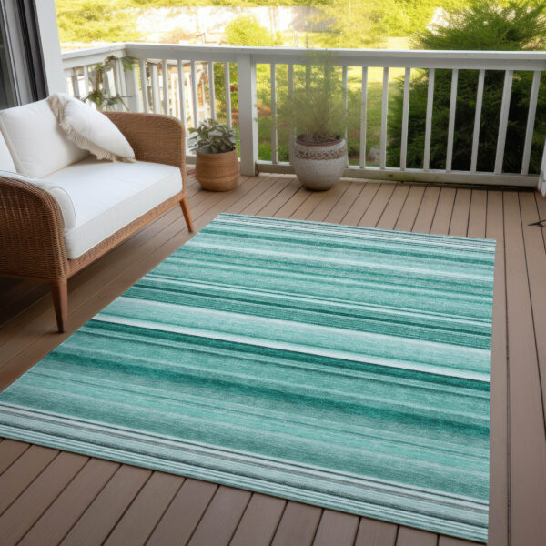 9' X 12' Aqua Striped Washable Indoor Outdoor Area Rug