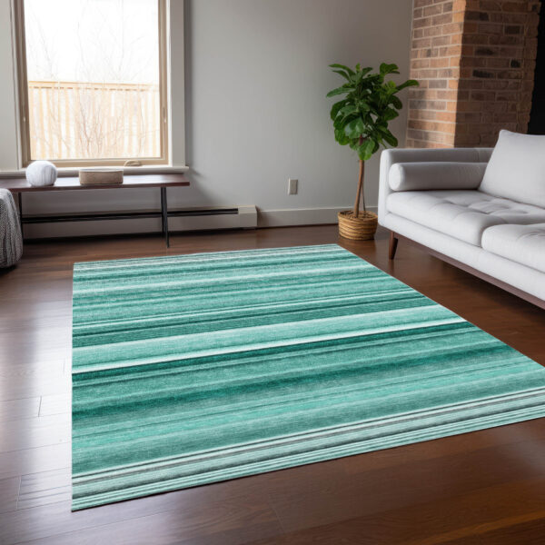 9' X 12' Aqua Striped Washable Indoor Outdoor Area Rug