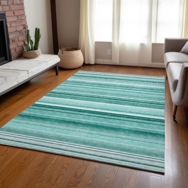 9' X 12' Aqua Striped Washable Indoor Outdoor Area Rug