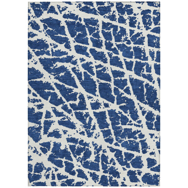 9' X 12' Blue and White Abstract Washable Non Skid Indoor Outdoor Area Rug