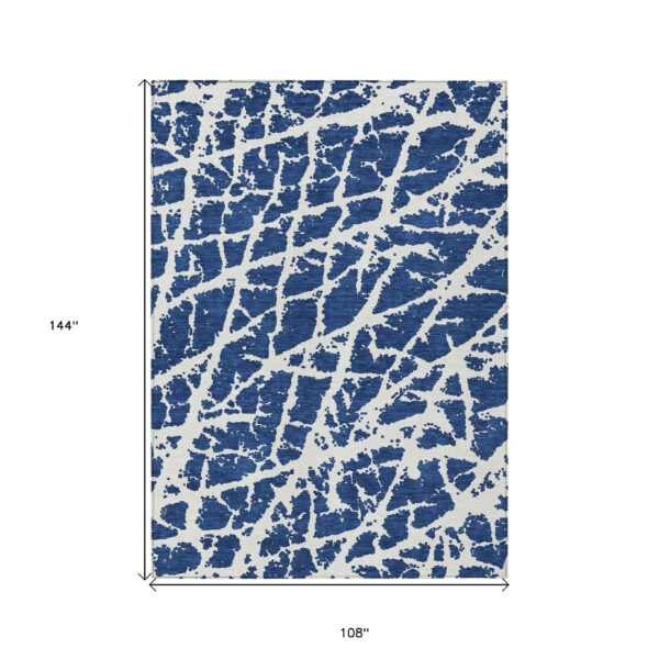 9' X 12' Blue and White Abstract Washable Non Skid Indoor Outdoor Area Rug