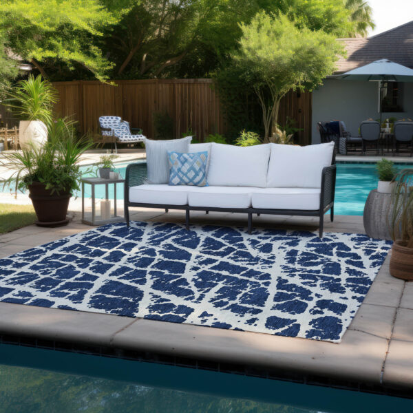 9' X 12' Blue and White Abstract Washable Non Skid Indoor Outdoor Area Rug