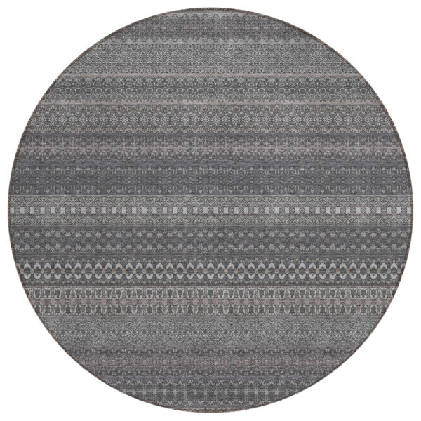 8' Round Gray Round Striped Washable Non Skid Indoor Outdoor Area Rug