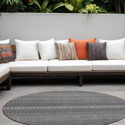 8' Round Gray Round Striped Washable Non Skid Indoor Outdoor Area Rug