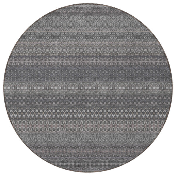 8' Round Gray Round Striped Washable Non Skid Indoor Outdoor Area Rug