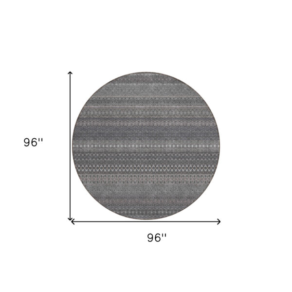 8' Round Gray Round Striped Washable Non Skid Indoor Outdoor Area Rug