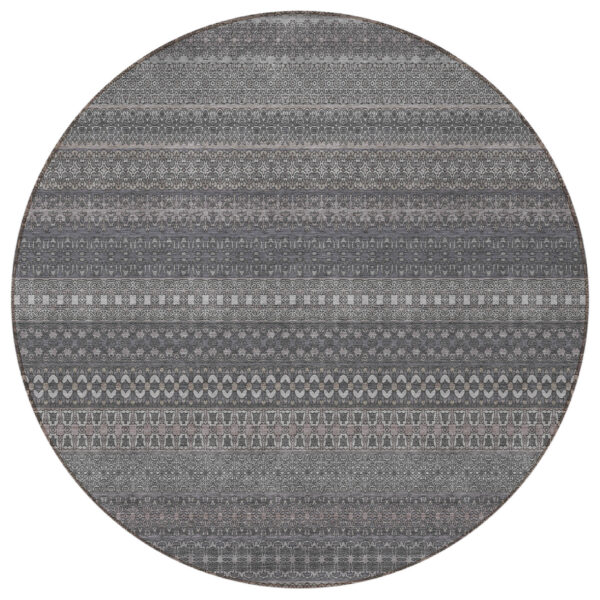 8' Round Gray Round Striped Washable Non Skid Indoor Outdoor Area Rug