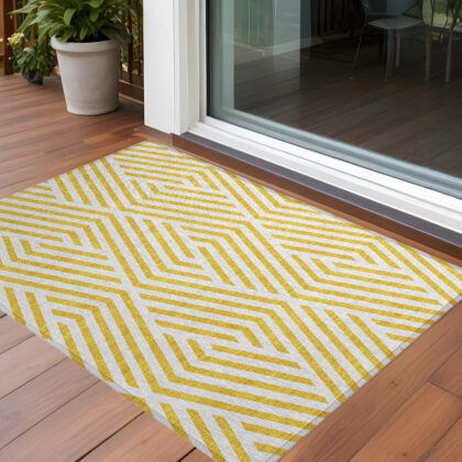 3' X 5' Gold and White Geometric Washable Non Skid Indoor Outdoor Area Rug