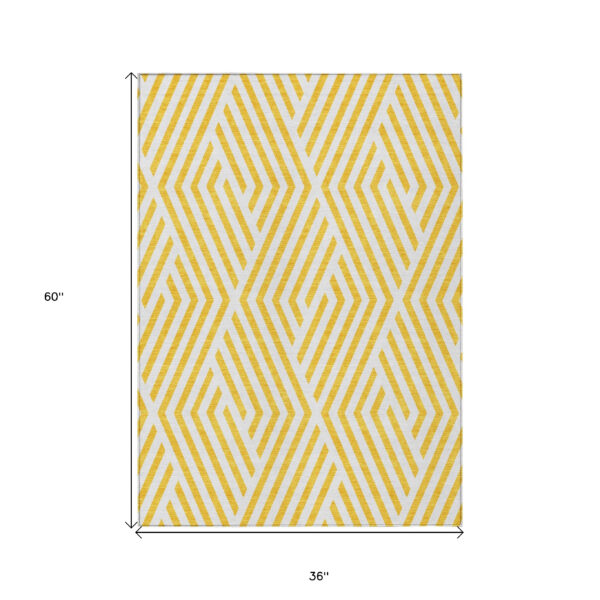 3' X 5' Gold and White Geometric Washable Non Skid Indoor Outdoor Area Rug
