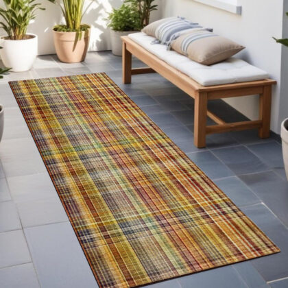 8' Runner Orange Plaid Washable Non Skid Indoor Outdoor Runner Rug