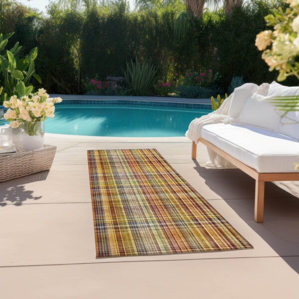 8' Runner Orange Plaid Washable Non Skid Indoor Outdoor Runner Rug
