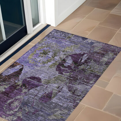 2' X 3' Purple and Green Floral Washable Non Skid Indoor Outdoor Area Rug