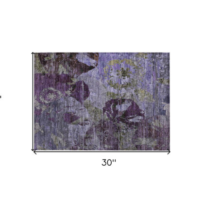 2' X 3' Purple and Green Floral Washable Non Skid Indoor Outdoor Area Rug