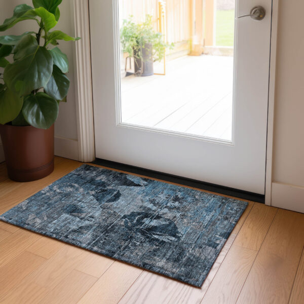 2' X 3' Blue and Dark Blue Abstract Washable Indoor Outdoor Area Rug