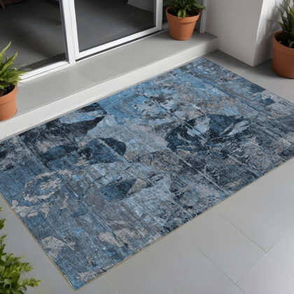 2' X 3' Blue and Dark Blue Abstract Washable Indoor Outdoor Area Rug
