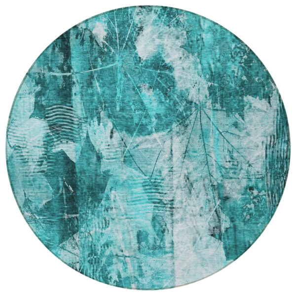 8' Round Teal Round Floral Washable Non Skid Indoor Outdoor Area Rug