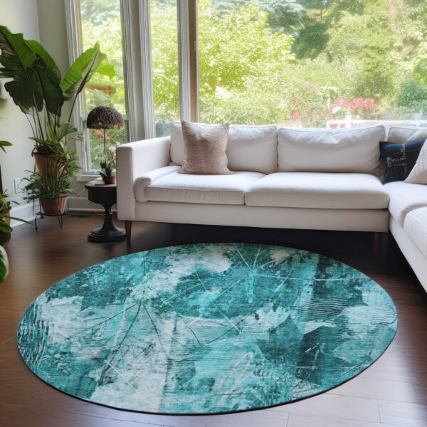 8' Round Teal Round Floral Washable Non Skid Indoor Outdoor Area Rug