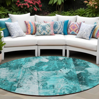 8' Round Teal Round Floral Washable Non Skid Indoor Outdoor Area Rug