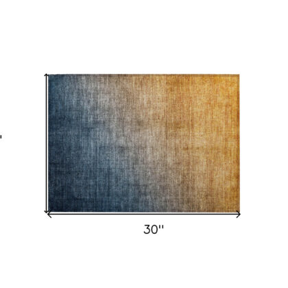 2' X 3' Denim and Gold Ombre Washable Non Skid Indoor Outdoor Area Rug